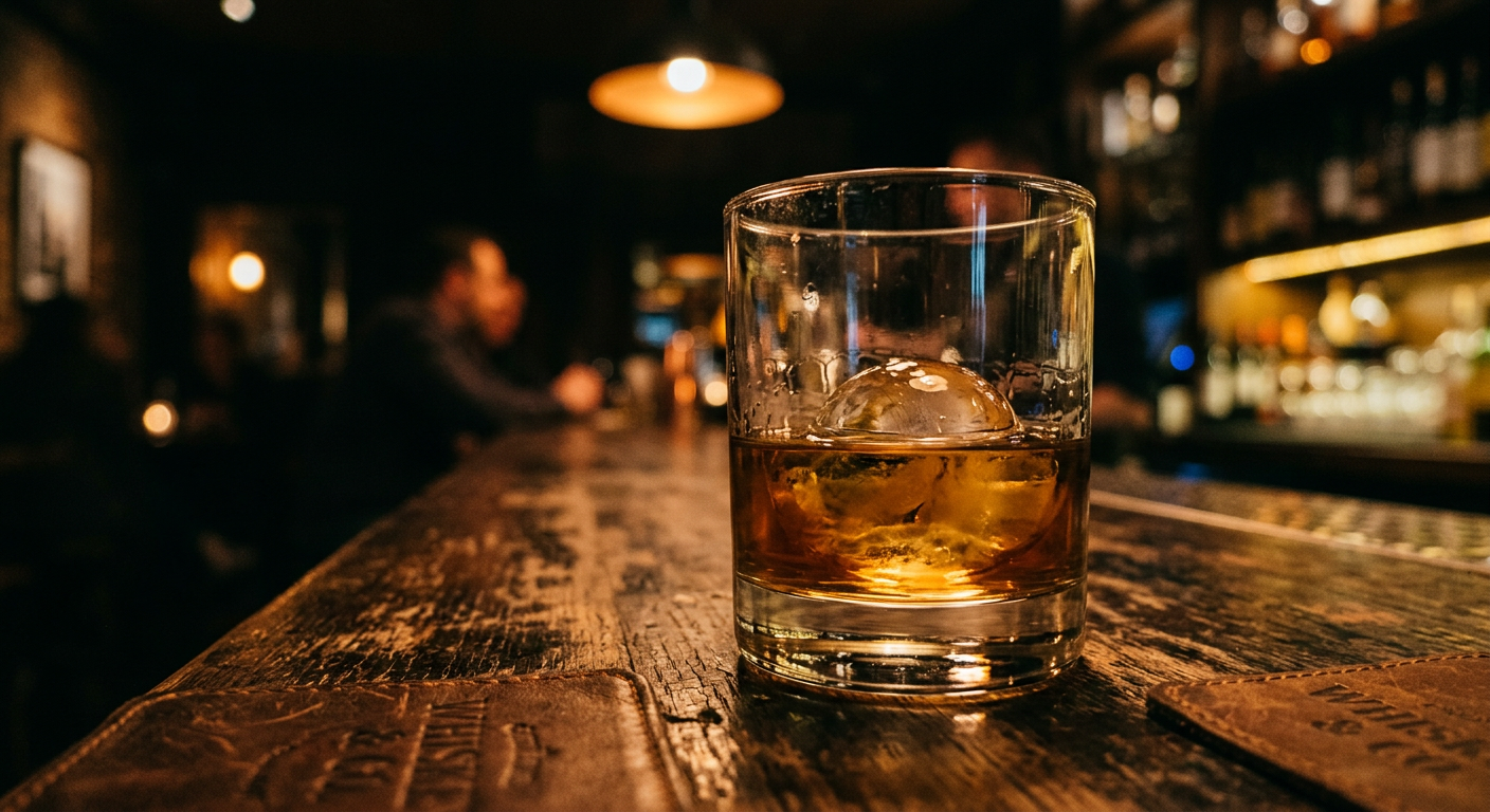 Glass of whiskey on bar